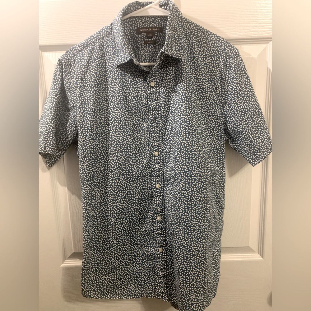 Michael Kors Men's Mini Floral Stretch Cotton Short Sleeve Shirt Teal White M